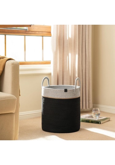 Çok Amaçlı, 40cm-36cm Büyük Boy, Yanları Saplı, Sepet, Jüt, Hasır, Dokuma Sepet, Düzenleyici Siyahjutgri