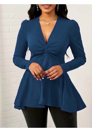 Kadın Uzun Kollu V Yakalı Çapraz Geçmeli Detaylı Ithal Krep Bluz Lacivert