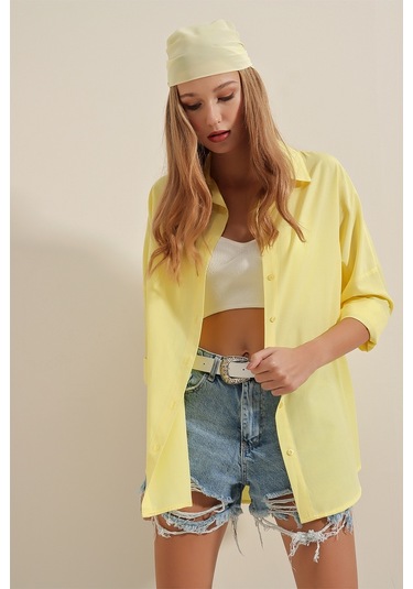 Bigdart 3900 Oversize Uzun Basic Gömlek - Sarı 001