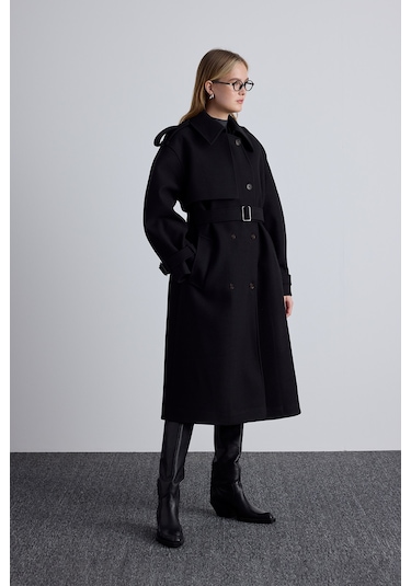 Apolet Detaylı Kaşe Kaban Siyah