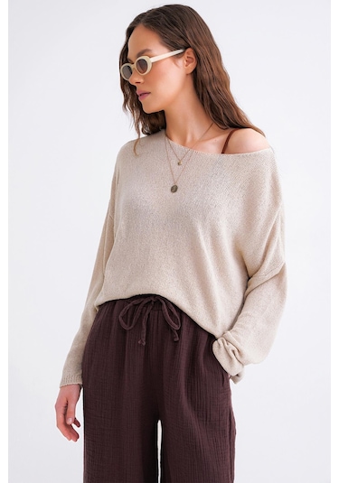 6933 Kadın Kayık Yaka İnce Mevsimlik Triko Kazak Taş Taş