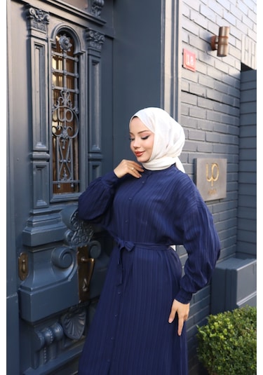 Kadın Lacivert Boydan Düğmeli Yarasa Kol Kuşaklı Lara Keten Uzun Tesettür Elbise Lacivert