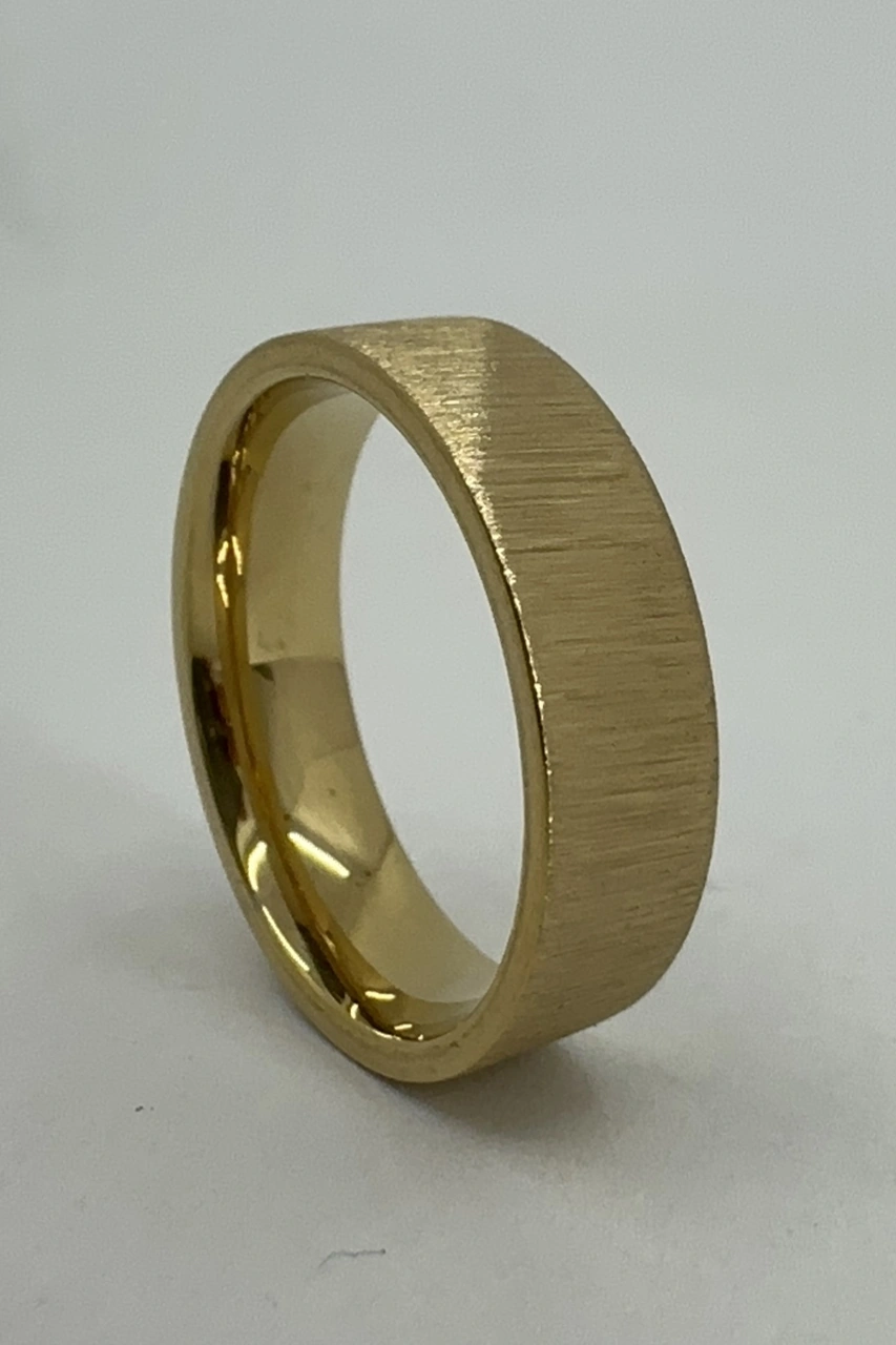 Kişiye Özel İsim Tarih Yazılı 6mm Mat Fırçalanmış Düz Unisex Çelik Yüzük Alyans Cl46y Sarı