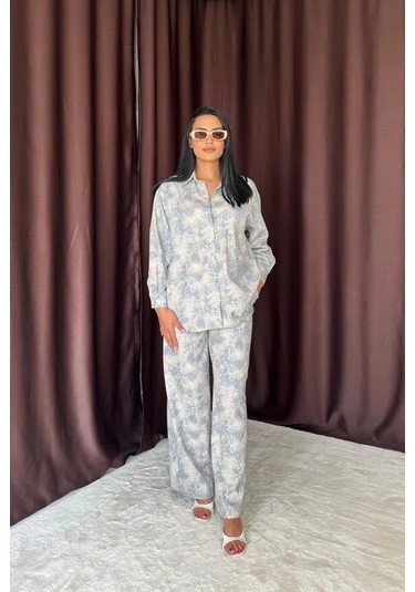 Mavi Leopar Desenli Ceket Ve Pantolon Keten Takım Mavi