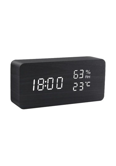 Çalar Saat Led Ahşap Saat Masası Ses Kontrolü Dijital Ahşap Umut Black