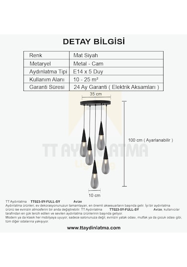 Tt023-5y-full-sy Tt Aydınlatma Full Mat Siyah 5 Li Damla Avize Mat Siyah