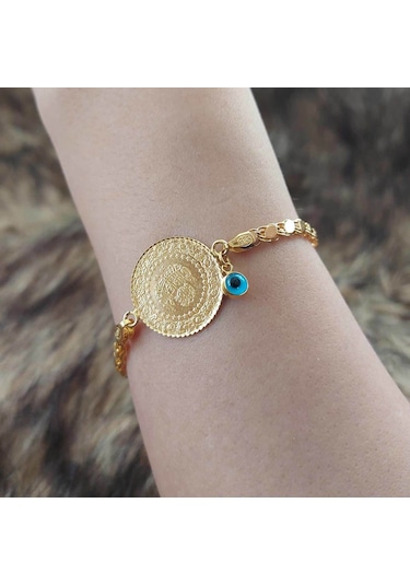 Altınbeyi Yarım Altınlı Pullu Zincirli Bileklik Sarı Altın