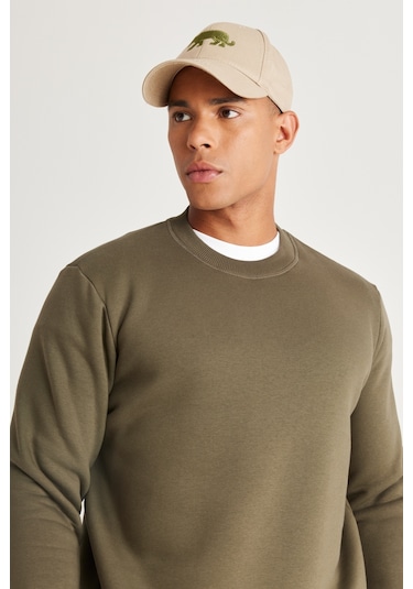 AC&Co / Altınyıldız Classics Erkek Hakı Standart Fit Normal Kesim İçi Polarlı Bisiklet Yaka Sweatshirt Haki