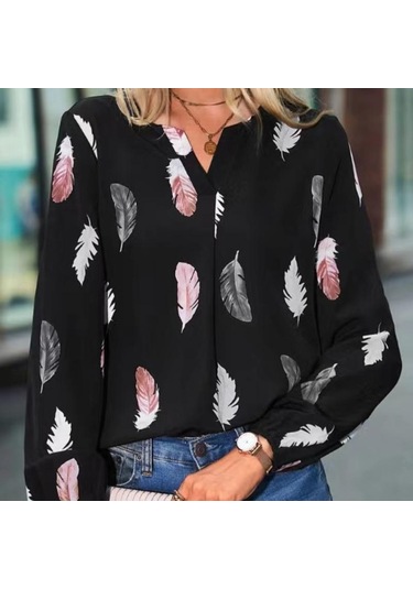 Moda Kadın Bluz Gömlek Kadınlar İçin Şık Üst Uzun Kollu Tüy Desenli Kadın Üstleri Zarif Şifon Kadın Giyim Siyah