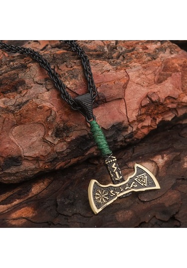 Viking Çift Taraflı Balta Yeşil İpli Erkek Kolye Çelik İskandinav