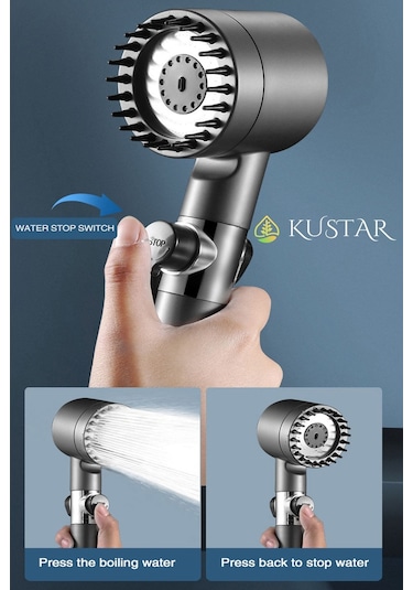 Kustar 3'lü Sabit Yüksek Basınçlı Masajlı Filtreli Aç Kapa Duş Başlığı Banyo Duş Seti Askı Ve Duş Hortumu Gri