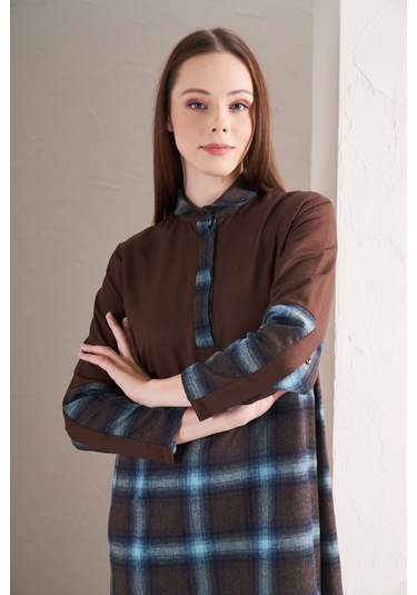 Blok Elbise Büyük Kareli Laci Kahve Laci Kahverengi - Lacivert