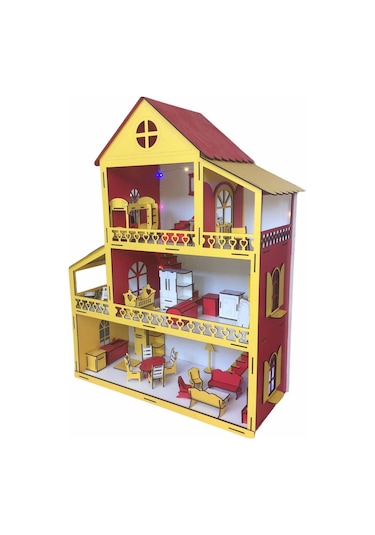 Ahşap Oyun Evi 80Cm 21 Eşya Sarı-Kırmızı Led Işıklı
