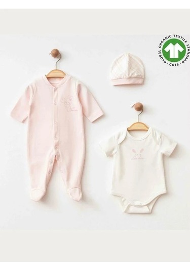 Zekids Kız Bebek Tulum Body Şapka Organik 3 Lü Set-15473 Pembe
