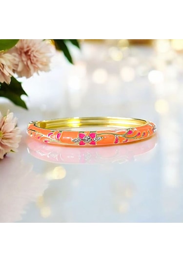 Pembe Çiçek Turuncu Mineli Çelik Bilezik Gold