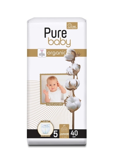 Pure Baby Organik Pamuklu Cırtlı Bez Tekli Paket 5 Numara  Junior 40 Adet