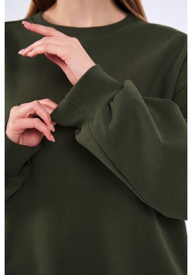 Comeor Haki Kadın Pamuklu Oversize Basic Bisiklet Yaka Sweatshirt 001