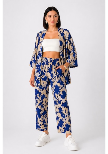 Trend Alisse Desenli Kimono Kadın Alt Üst Takım Mavi