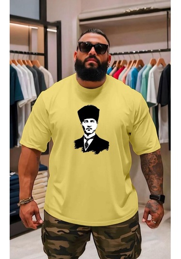 Atatürk Baskılı Oversize Unisex Tişört Sari