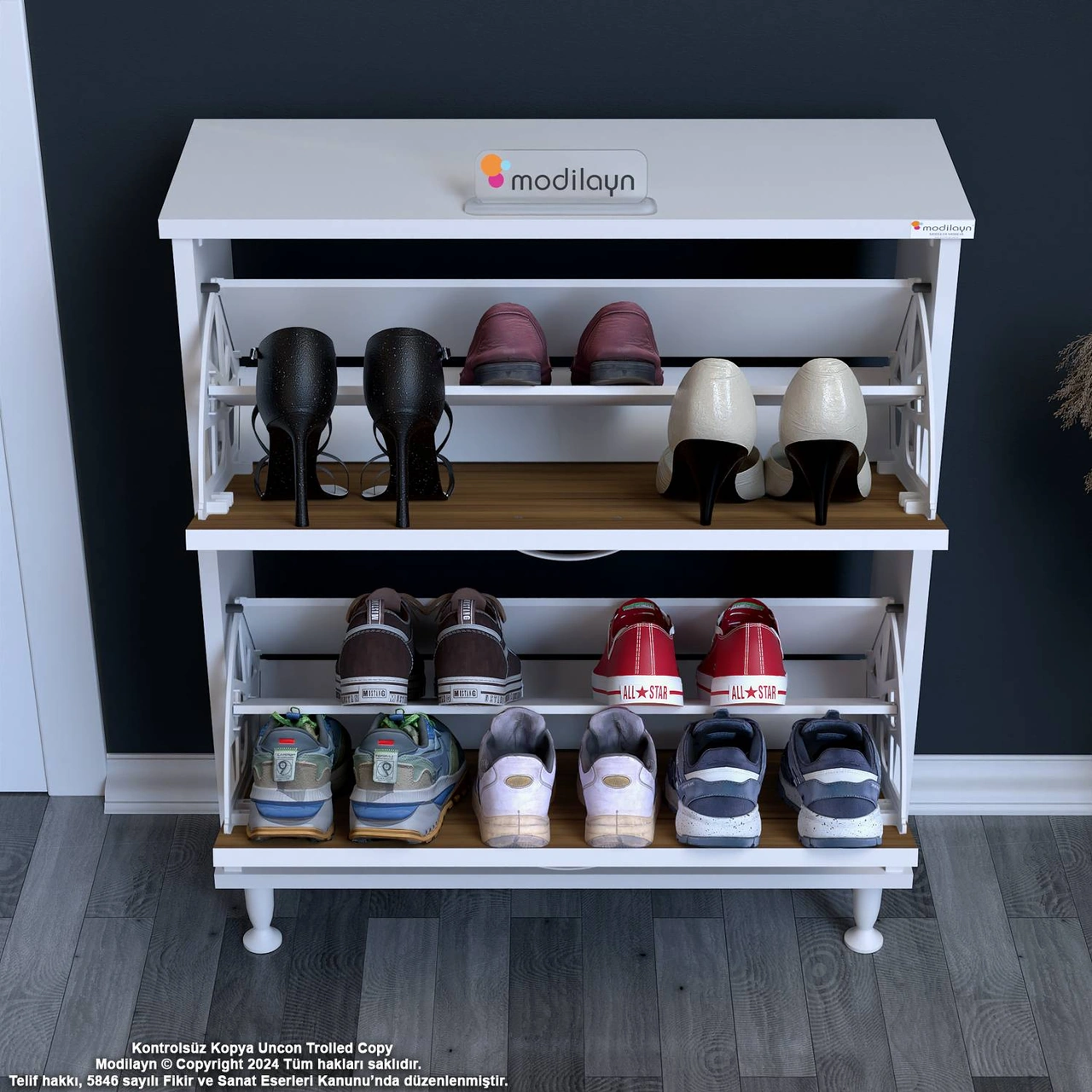 Asaf Antre Ayakkabılık Ceviz Renk 72 Cm 2 Düşer Kapak 4 Göz Bölmeli Ayakkabılık 72x86x25,5 Cm Ceviz