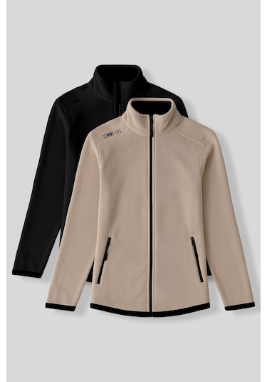 Rahat Form Dik Yaka 2li Paket Siyah-koyu Bej Kadın Polar Sweatshirt - 97173 Siyah - Bej - Kahverengi