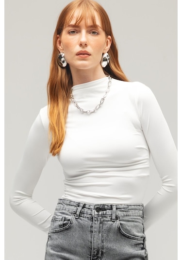 Saade Sââde Kadın Yarım Balıkçı Yaka Basic Örme Bluz - Drape Detaylı Beyaz