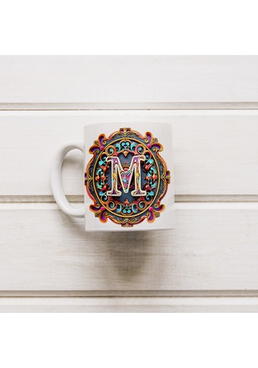 M Harfi Boho Bardak, Renkli Özel Tasarım Hediyelik Harfli Kupa, 330ml Porselen Beyaz