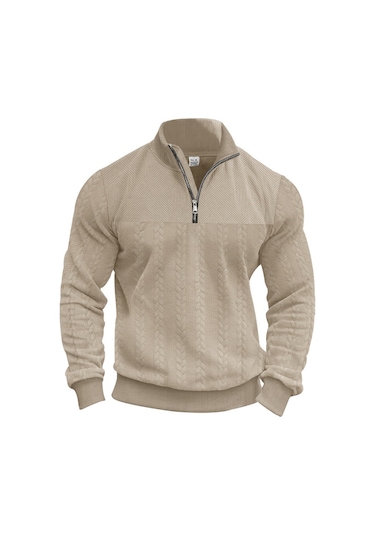 Amerikan Retro Gündelik Dik Yaka Fermuarlı Kazak Gevşek Örme Ağır Dikiş Jakarlı Sonbahar Ve Kış Uzun Kollu Kazak Haki