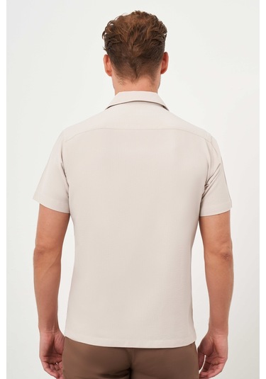 Morven Erkek Bej Viscon Apaçi Yaka Regular Fit Kısa Kol Gömlek Bej