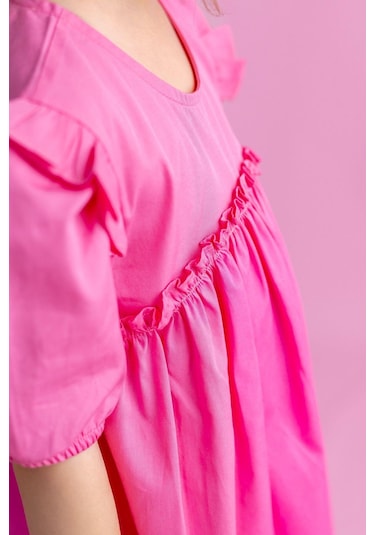 Oliventhekid Robadan Fırfır Büzgülü Kolları Lastikli Poplin Kız Çocuk Elbise Pembe Pembe