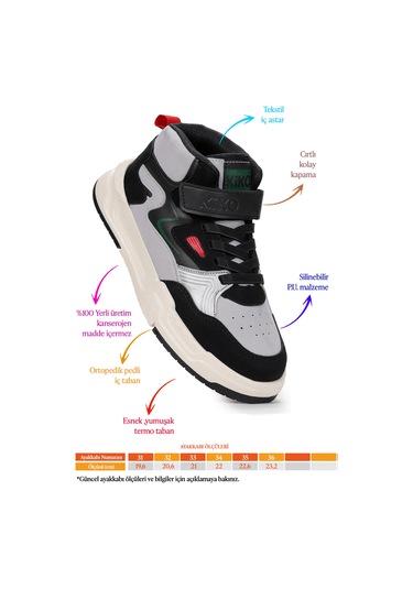 Kiko Kids Hayka-3 Cırtlı Erkek Çocuk Spor Ayakkabı Siyah - Buz - Kırmızı Siyah - Buz - Kırmızı