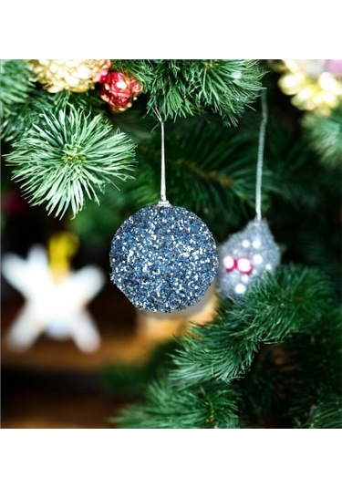 Yılbaşı Süsü 3'lü Parıltılı Top Mavi 10 Cm