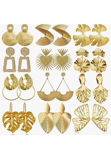 Geeksen Şık Ve Çok Yönlü 12 Çift Altın Renkli Alaşım Küpe Seti Gold