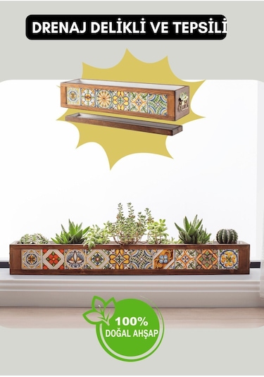 Halohope El Yapımı 10 Meksika Çinili Dekoratif Modern Ahşap Dikdörtgen Kaliteli Bahçe Balkon Saksı Saksılık