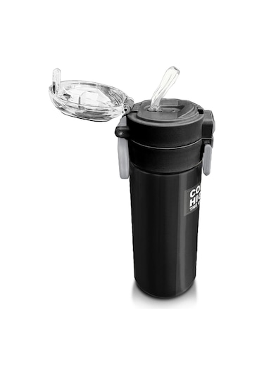 Coral High Kids Renkli Çizgili Desenli Pipetli Ve Direkt İçim Çelik Termos 500 Ml 31896 Gri - Mavi