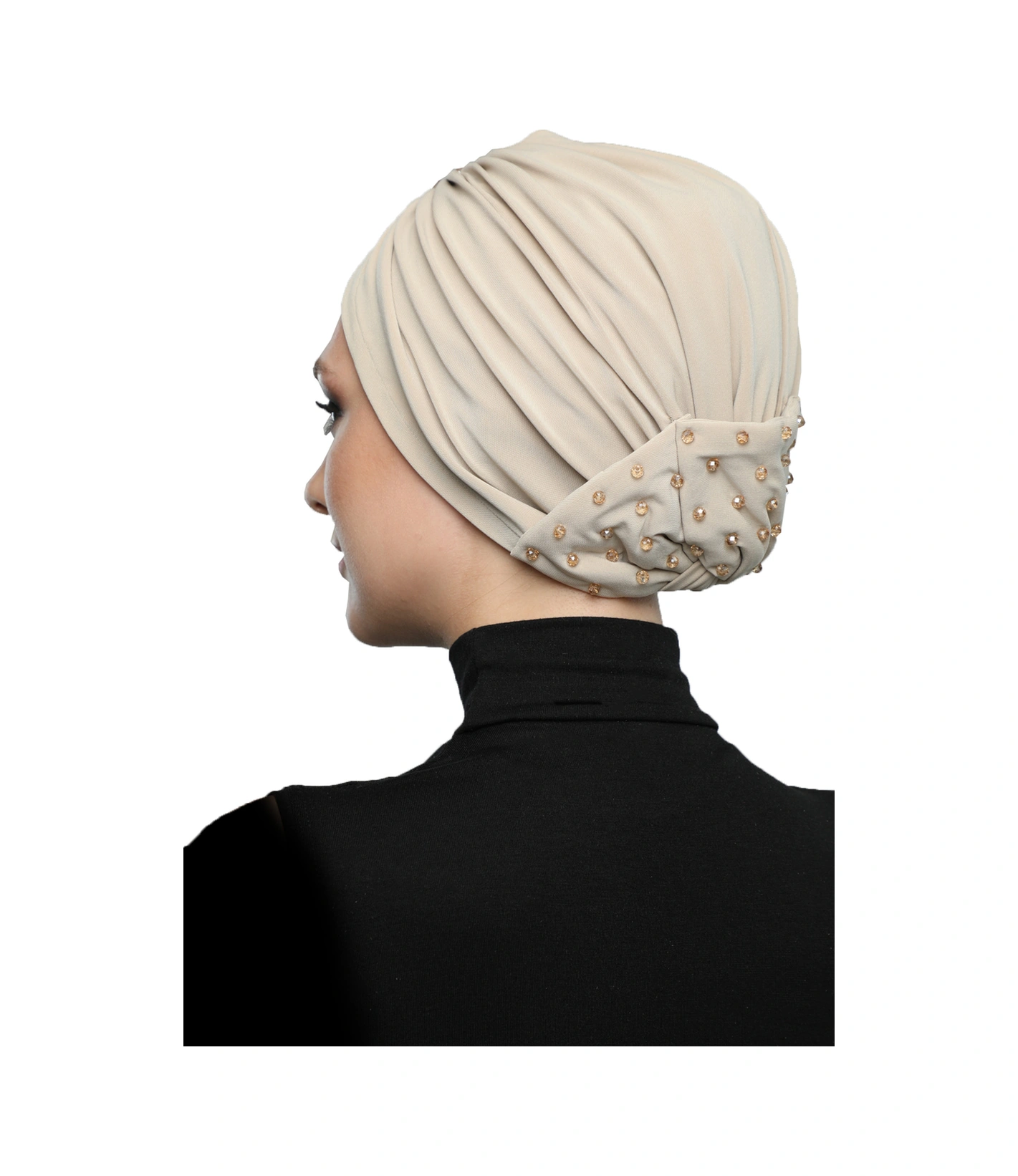 Kristal Yelpaze Taş Işlemeli Çift Taraflı Astarlı Bej Hazır Türban Tesettür Abiye Bone Bej