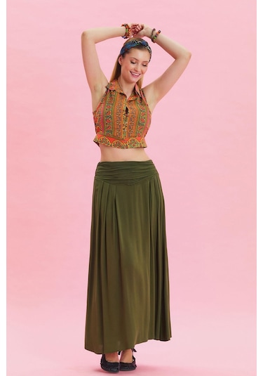 Beli Lastikli Drape Detaylı Otantik Etek Haki