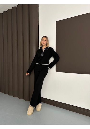 Newco Polo Yaka Fularlı Oversize Triko Takım Kazak Siyah