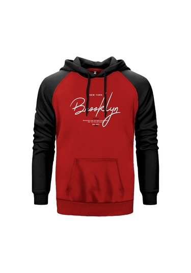 Newyork Brooklyn U.S.A Kırmızı Reglan Kol Unisex Sweat Hoodie Kırmızı