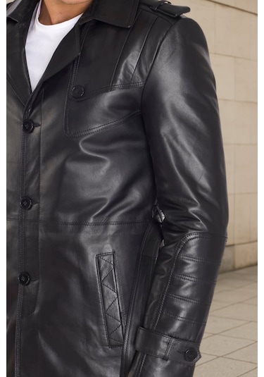 Derije Valdes Hakiki Deri Erkek Siyah Kuşaklı Trençkot Siyah