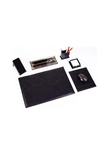 Hera Siyah Deri Sümen Takımı Gold Mermer Desen Ahşap İsme Özel Masa İsimliği İsimlik Seti