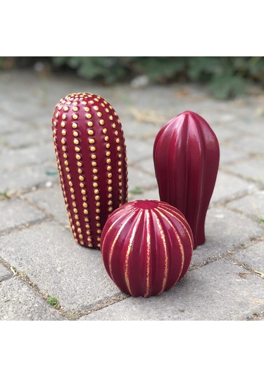 Thiramis Homeconcept Dekoratif 3'lü Kaktüs Bordo Gold Detay