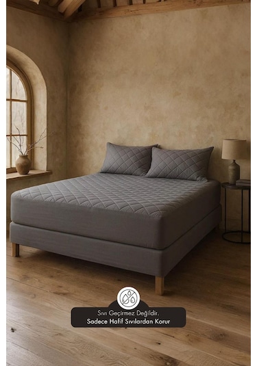 Yatak Ve Yastık Alezi Seti Pamuklu Kapitone Fitted Full Kenar Yatak Koruyucu Gri Gri