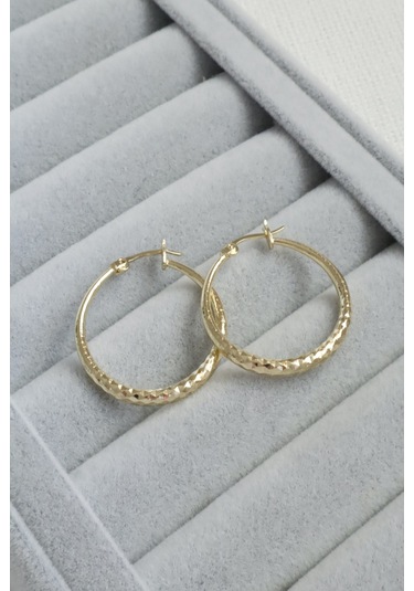 Kadın Küpe Kararmaz 14k Renk Vip Seri Hafif Dokulu 3cm Halka Küpe Altın