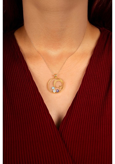 925 Ayar Gümüş Altın Kaplama Ayyıldız Çerçeve Bayan Kolye - 50 CM