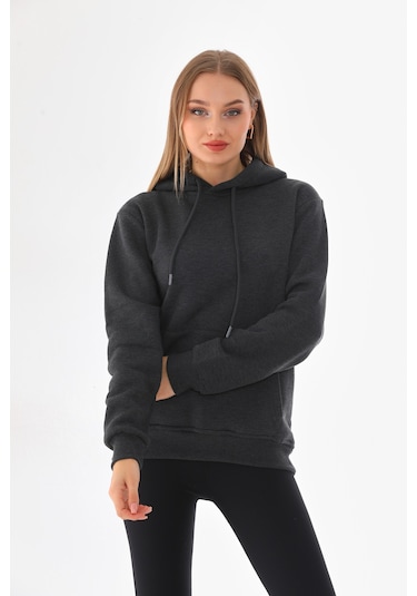Everest Everst Kapüşonlu 3 İplik Şardonlu Cepli Sweatshirt Antrasit Antirasit