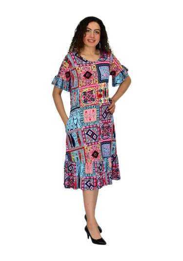 Kadın Kısa Kol Etek Valonlu Likralı Viskon Elbise Bgl-st04672 Mavi