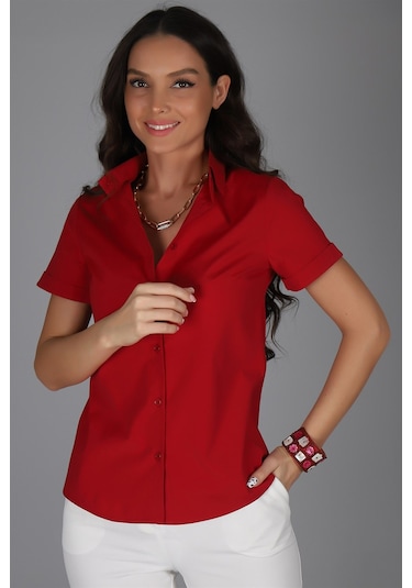 Sweetness Kadın Bordo Kısa Kollu Likralı Gömlek Bordo