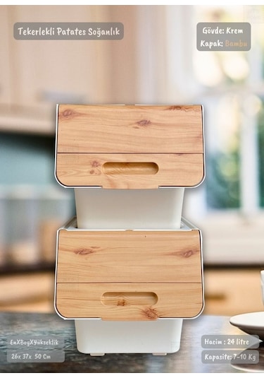 2'li Bambu Patates Soğan Sepeti Tekerlekli Kapaklı Havalandırmalı 24 Litre Sebzelik Organizer