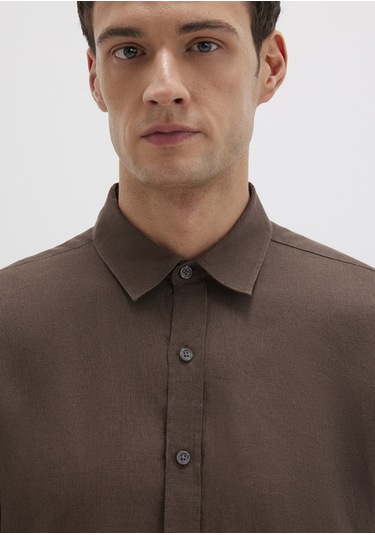 Mavi - Kahverengi Keten Gömlek 0211466-87537 Kahverengi